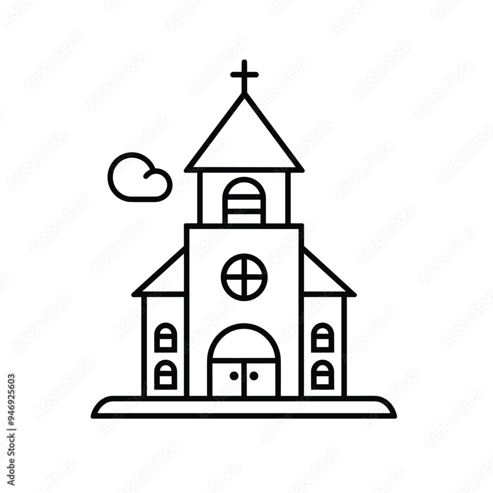 Line art illustration of a church with a cross on top and a small cloud in the background. Line art illustration of a church with a cross on top and a small cloud in the background.