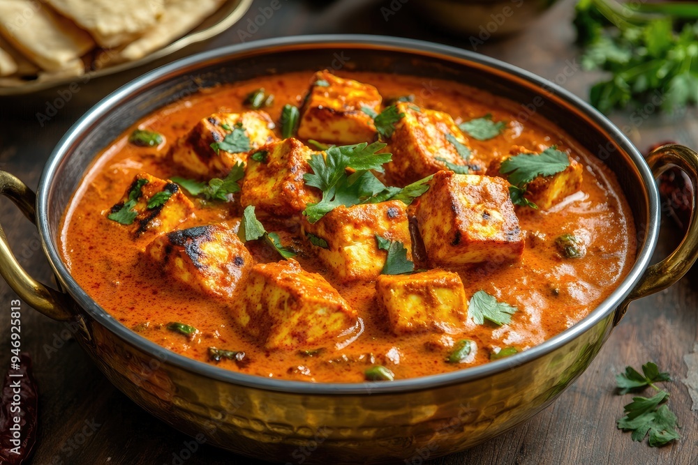 A bowl of paneer butter masala, a popular Indian dish. This photo is perfect for illustrating articles or recipes about Indian food. A bowl of paneer butter masala, a popular Indian dish. This photo is perfect for illustrating articles or recipes about Indian food.