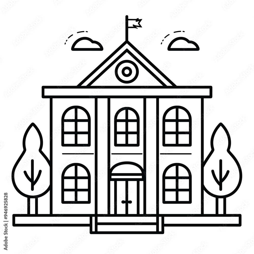 Obraz premium Outline illustration of a classic school building with trees and a flag on the roof.