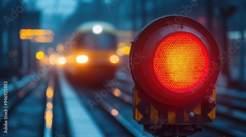 A red signal light on a railroad track. The red light indicates a stop for trains and other vehicles.
