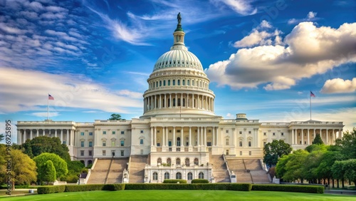 Majestic United States Capitol Building's neoclassical dome rises majestically against a crisp, pure white background, symbolizing American democracy and government.