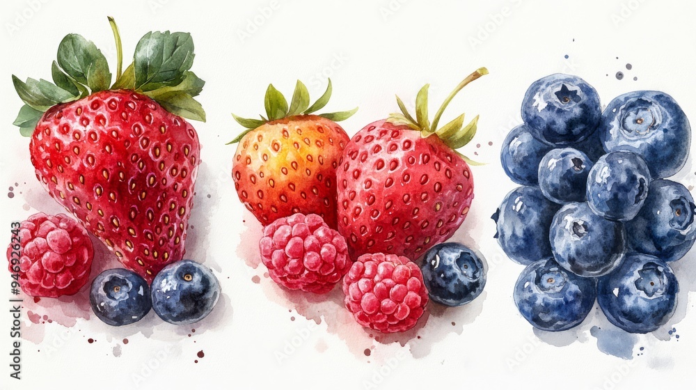 A seamless watercolor pattern featuring hand-painted fruits like strawberries, blueberries, and raspberries, arranged in a scattered layout