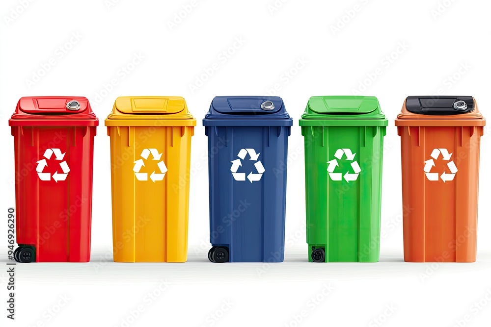 Five colorful recycling bins in a row. Ideal for illustrating waste management, environmental awareness, and sustainability. Five colorful recycling bins in a row. Ideal for illustrating waste management, environmental awareness, and sustainability.