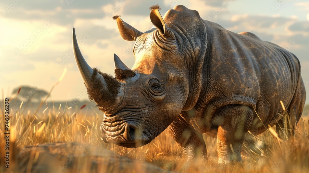 Fototapeta premium Rhinoceros in foreground with natural landscape generative ai