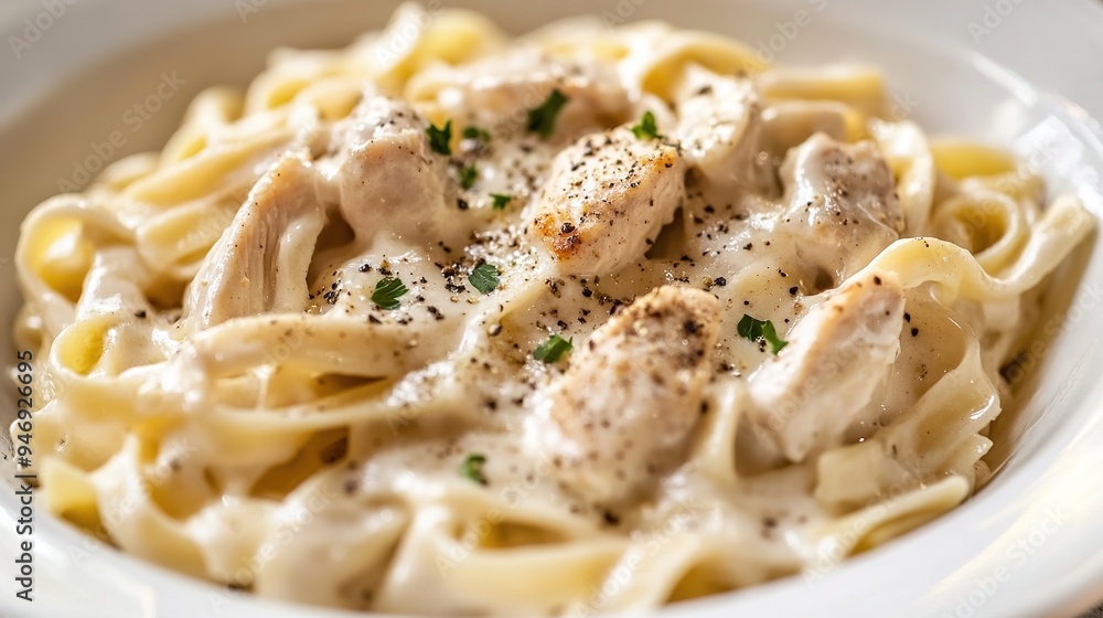 A close-up of a creamy fettuccine Alfredo with tender chicken pieces and a sprinkle of black pepper, served in a white bowl A close-up of a creamy fettuccine Alfredo with tender chicken pieces and a sprinkle of black pepper, served in a white bowl