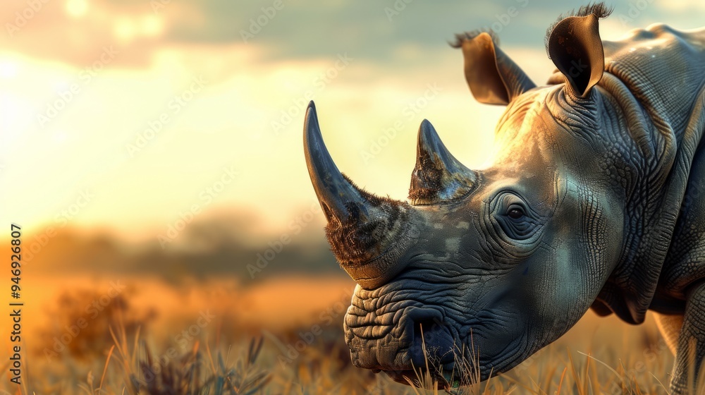 Fototapeta premium Rhinoceros in foreground with natural landscape generative ai