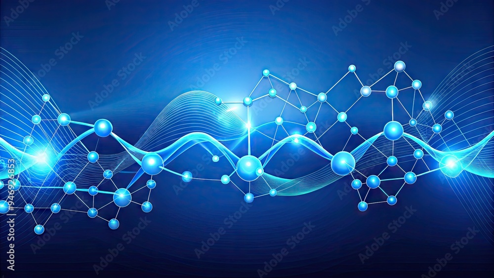 Obraz premium Minimalist illustration of hormone balance symbolized by a stylized line icon, featuring a subtle waveform and molecular structures on a clean, modern blue background.