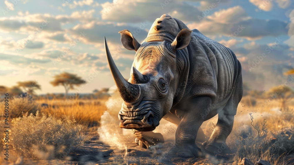 Fototapeta premium Rhinoceros in foreground with natural landscape generative ai