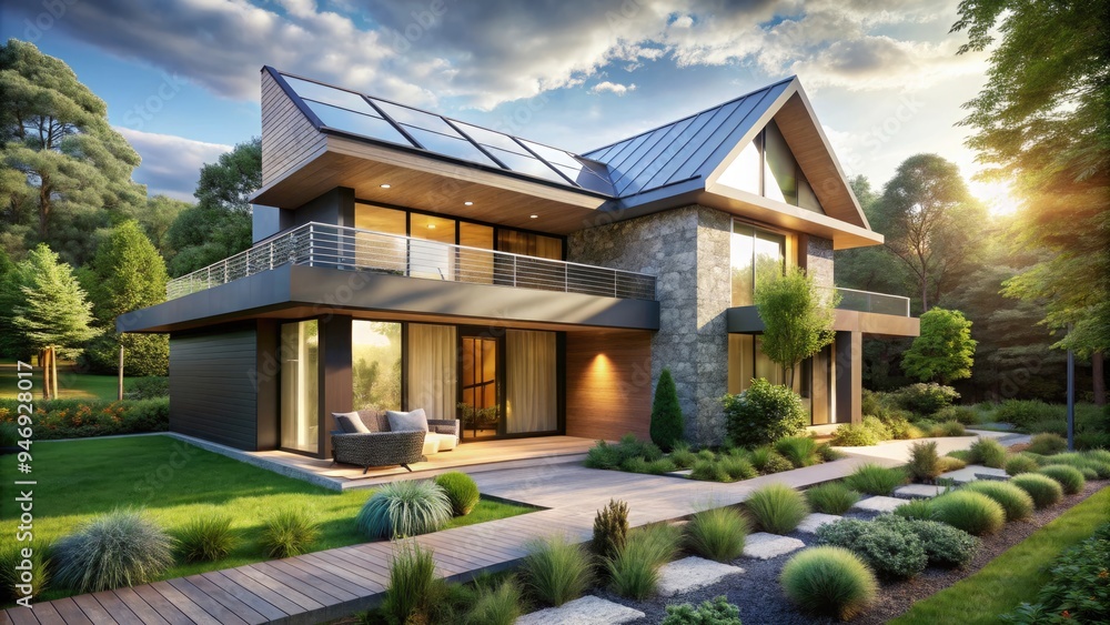 Modern eco-friendly home with sleek angular lines and a sleek solar ...