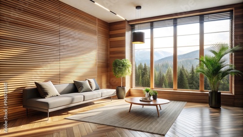 Modern interior with horizontal wood panelling on a wall, adding warmth and texture to a minimalist space with natural light streaming through a large window.