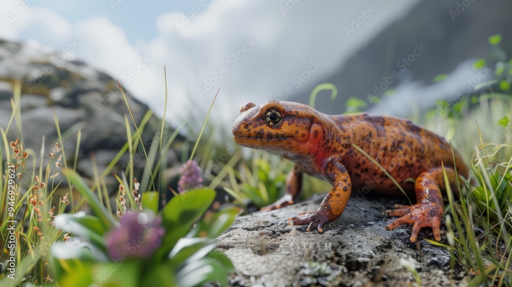 Fototapeta premium Salamander in foreground with natural landscape generative ai