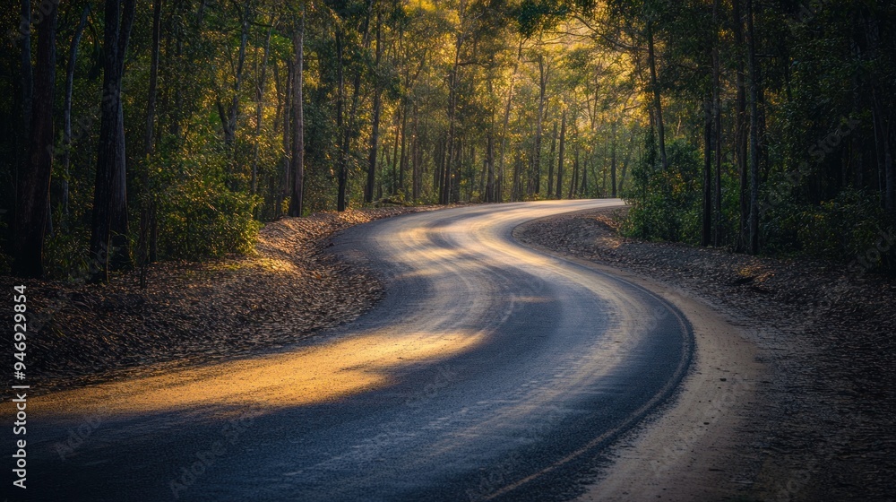 Fototapeta premium Winding Road Through a Forest at Sunset
