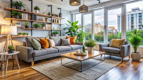 Modern urban living space with sleek furniture, vibrant throw pillows, and plants, showcasing a cozy and organized atmosphere in a compact city apartment.