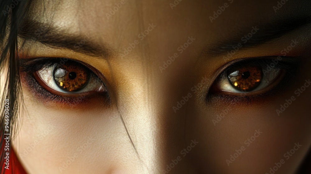 Naklejka premium Close-up of a Person's Eyes with Golden Irises and Dramatic Eyeliner