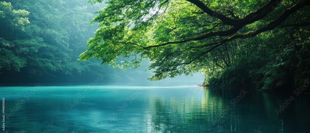 Fototapeta premium Tranquil River Flowing Through a Lush Green Forest