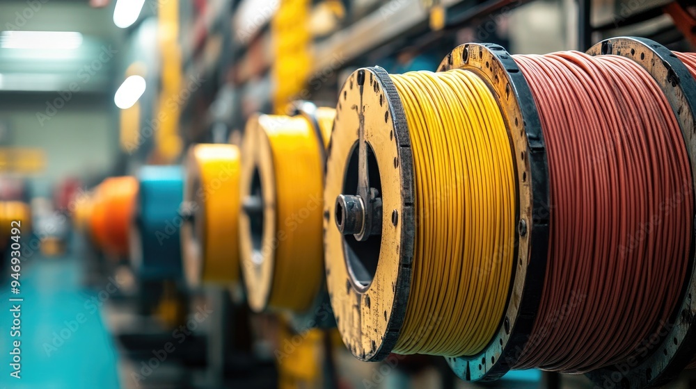 Obraz premium Wires spooled on reels in a factory. This image shows the industrial process of producing and storing electrical cables.