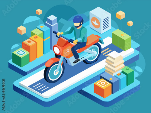 Guy riding a motorcycle image. Isometric style. Vector illustration.