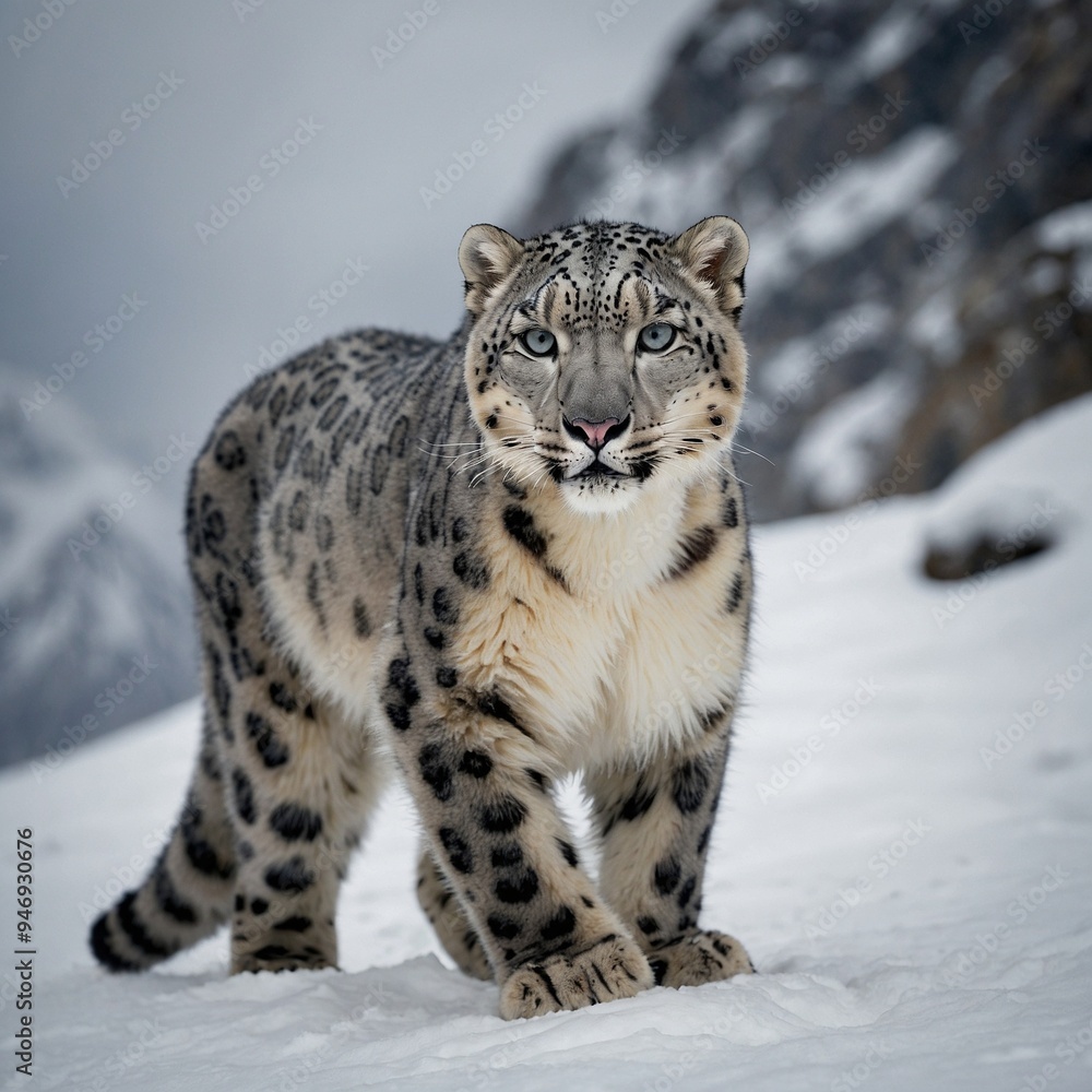 Snow Leopard in Mountainous Terrain – Endangered Big Cat of the Himalayas Snow Leopard in Mountainous Terrain – Endangered Big Cat of the Himalayas