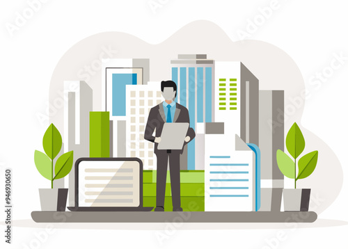 A man dealing with documents or administrative processes image. Flat style. Vector illustration.