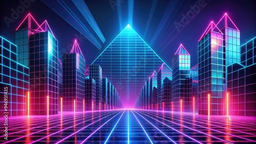 Neon-lit grid of 80s-inspired retrofuturistic architecture, pulsing with vibrant pink and blue hues, nostalgic for a futuristic past that never was, with a sense of electric unease. photo