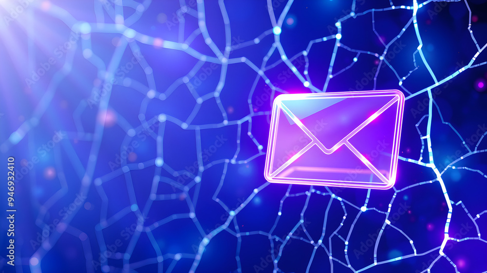 The floating holographic envelope or email icon is on the right side high tech background with space for text. The floating holographic envelope or email icon is on the right side high tech background with space for text.