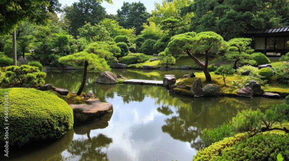 Tranquil Japanese Garden with Pond and Wooden Bridge Tranquil Japanese Garden with Pond and Wooden Bridge
