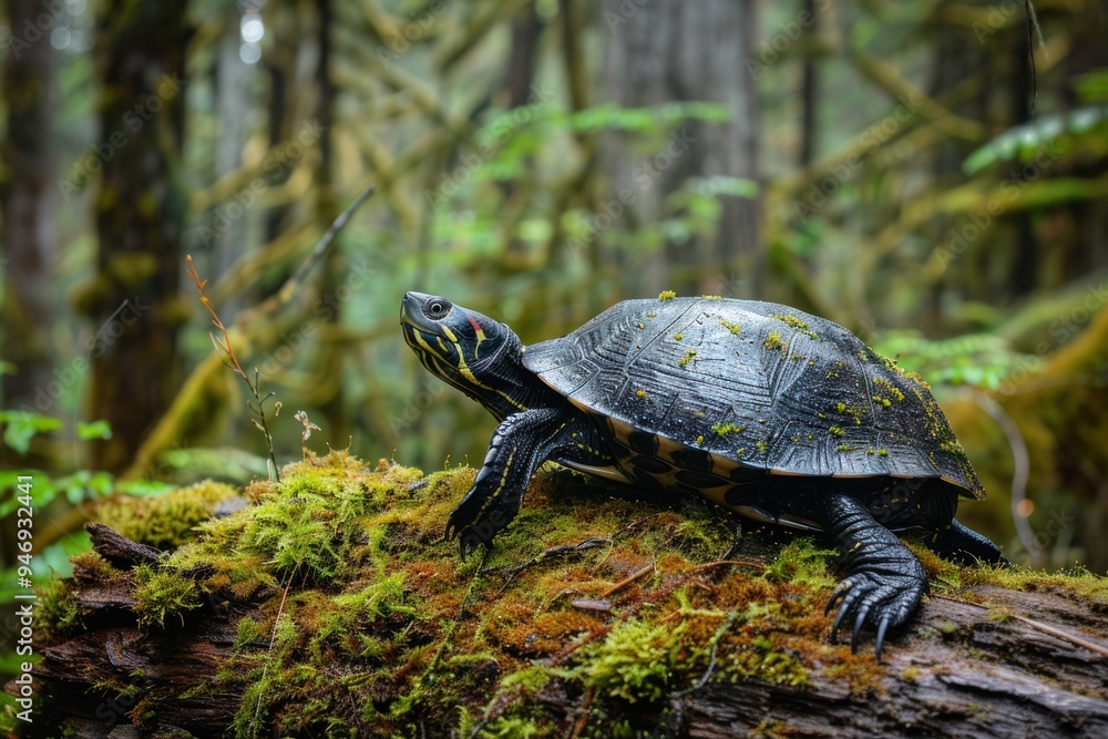 Fototapeta premium Turtle on Mossy Log in Forest