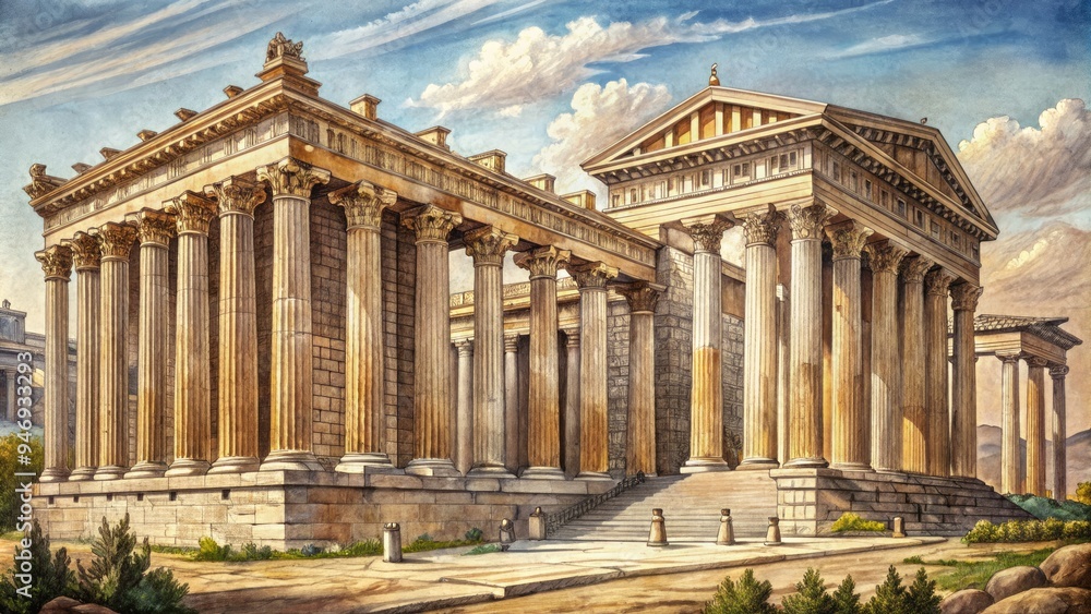 Obraz premium Precise pencil sketches of iconic historical buildings, ornate columns, and sweeping arches showcase intricate details of ancient Greek, Roman, and Renaissance-era architectural masterpieces.