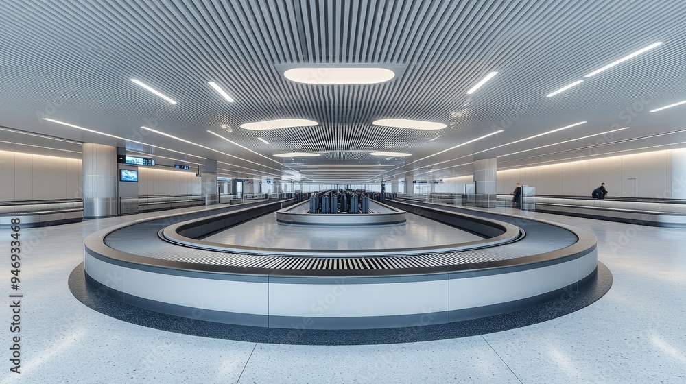 Efficient airport baggage claim system with separate belts for each flight, passengers waiting by personalized conveyors, sleek and modern design Efficient airport baggage claim system with separate belts for each flight, passengers waiting by personalized conveyors, sleek and modern design