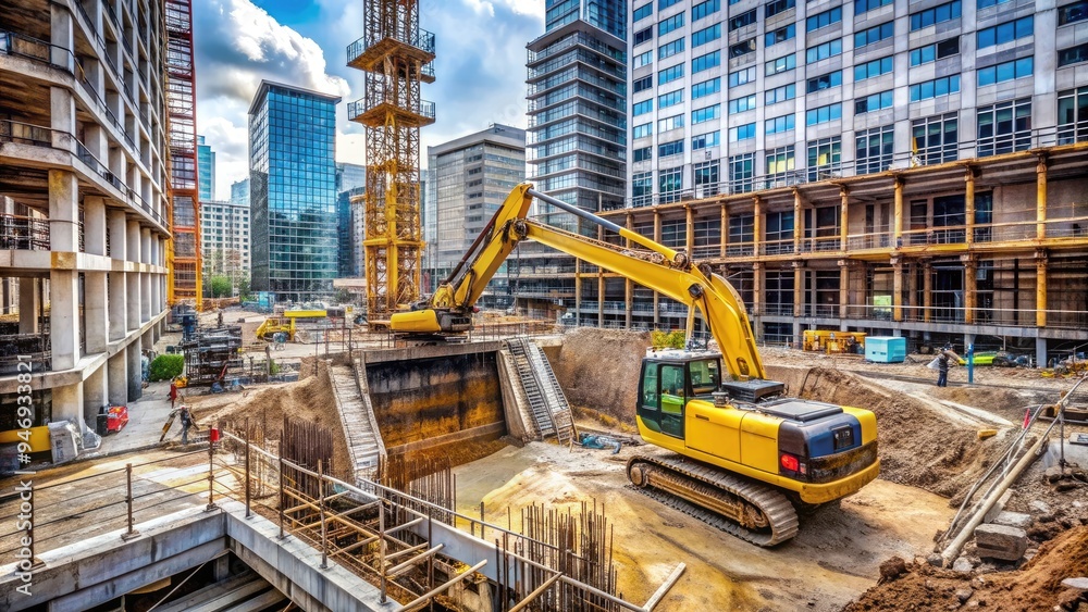 Fototapeta premium Rear excavator loader pours concrete into foundation trench at bustling British building site with high-rise scaffolding and heavy machinery amidst urban regeneration.