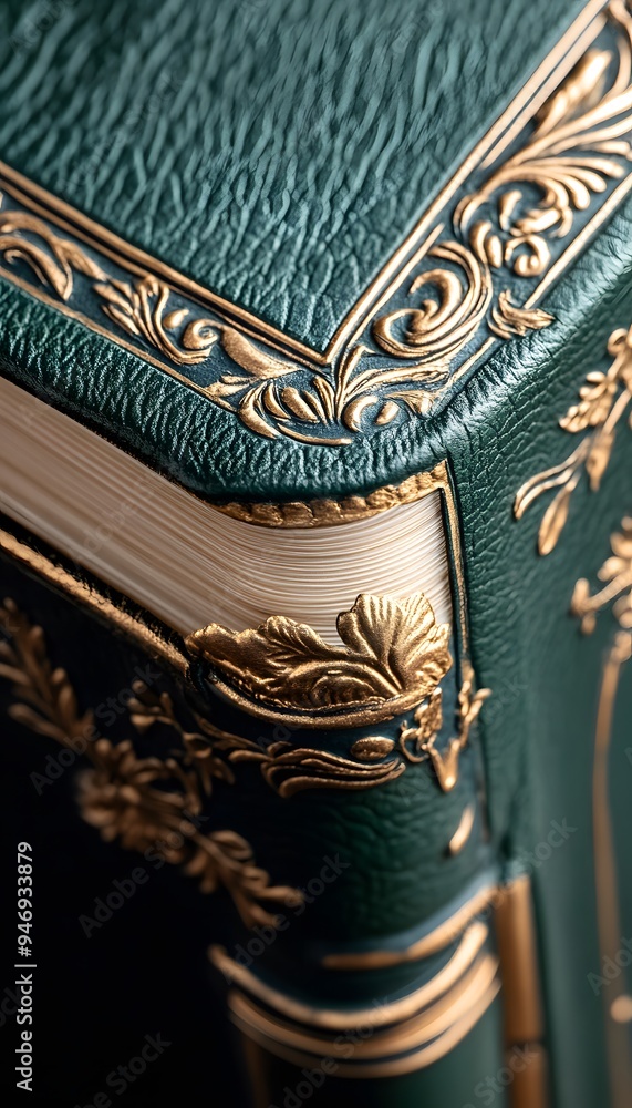 Close-Up Photo of Green Leather Bound Book with Gold Embellishments