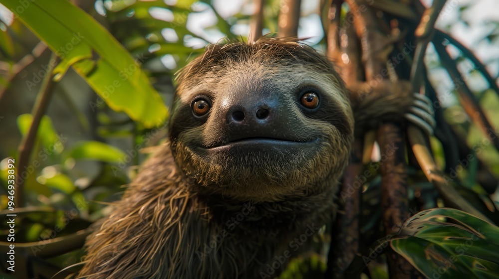 Sloth in foreground with natural landscape generative ai Sloth in foreground with natural landscape generative ai