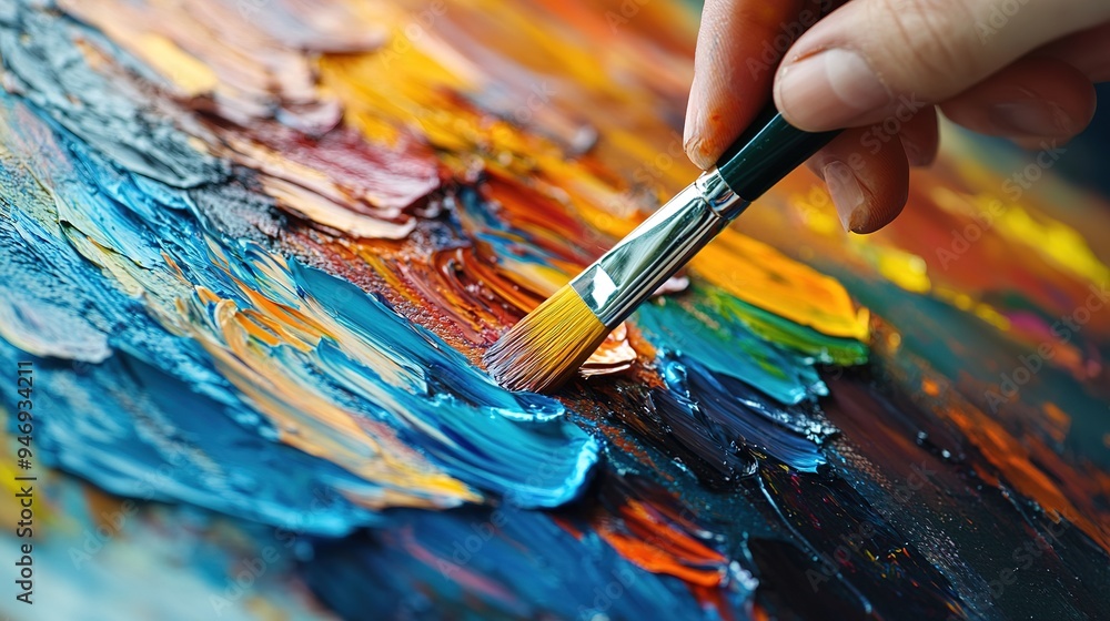 A close-up of a canvas with textured paint strokes in vivid colors as an artist applies the final touches A close-up of a canvas with textured paint strokes in vivid colors as an artist applies the final touches