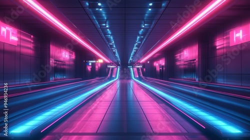 Futuristic airport terminal at night, with a sleek baggage claim conveyor belt, vibrant neon lighting casting reflections on polished floors, high-tech vibe