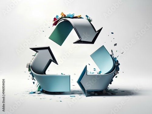 metallic recycling symbol surrounded by recyclable materials, representing environmental sustainability and the importance of reducing waste for a greener future photo