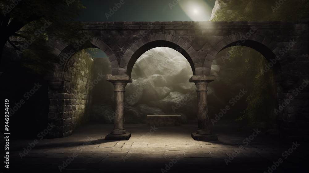 Fototapeta premium Sunlit Ancient Stone Archways In A Secluded Ruin