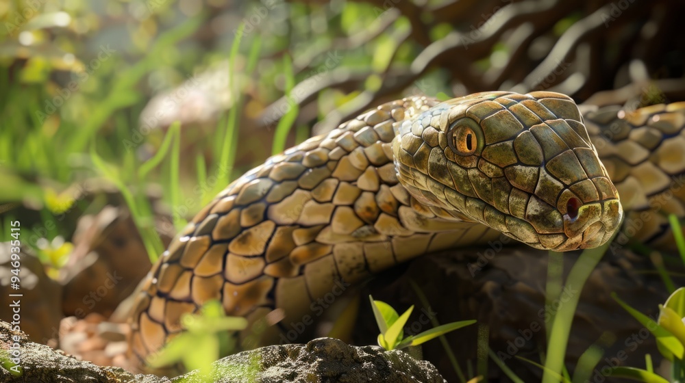 Snake in the foreground with natural landscape. generative ai Snake in the foreground with natural landscape. generative ai