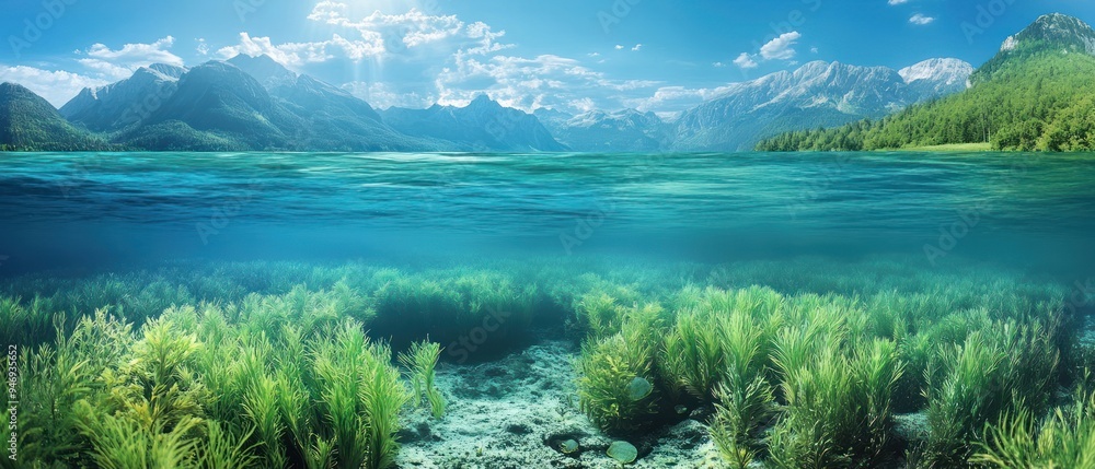 Underwater View of a Mountain Lake with Green Seagrass Underwater View of a Mountain Lake with Green Seagrass