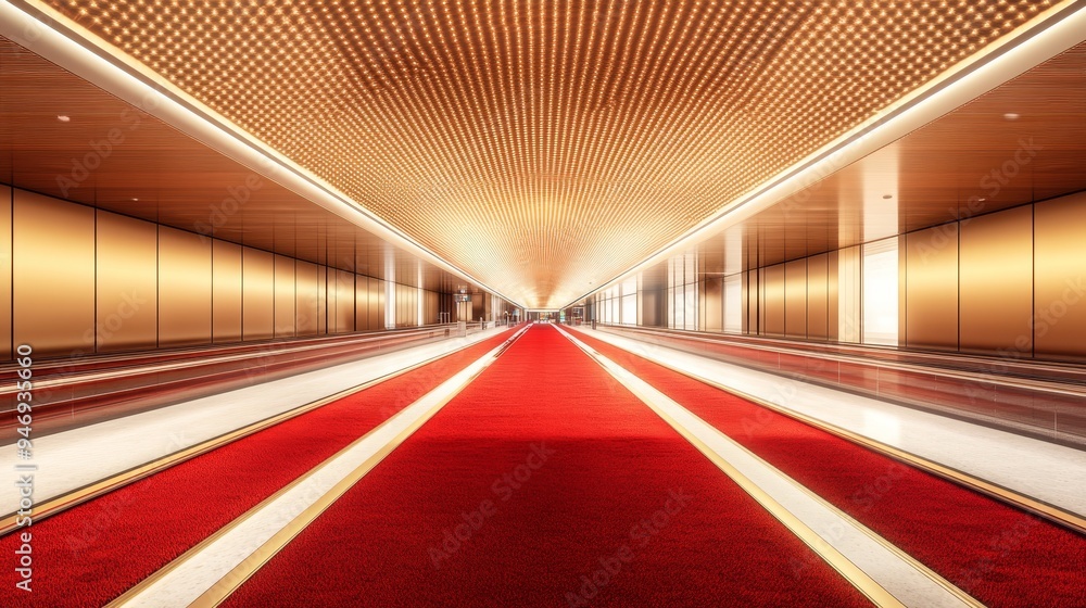 High-end baggage claim zone, draped in plush red carpets and golden embellishments, captured in a low-angle shot with a luxurious, modern aesthetic, hyper-realistic rendering High-end baggage claim zone, draped in plush red carpets and golden embellishments, captured in a low-angle shot with a luxurious, modern aesthetic, hyper-realistic rendering