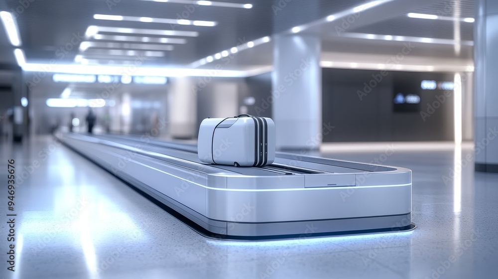 High-tech airport baggage claim, featuring a seamless conveyor belt system with integrated facial recognition for personalized luggage delivery, in a minimalist environment High-tech airport baggage claim, featuring a seamless conveyor belt system with integrated facial recognition for personalized luggage delivery, in a minimalist environment