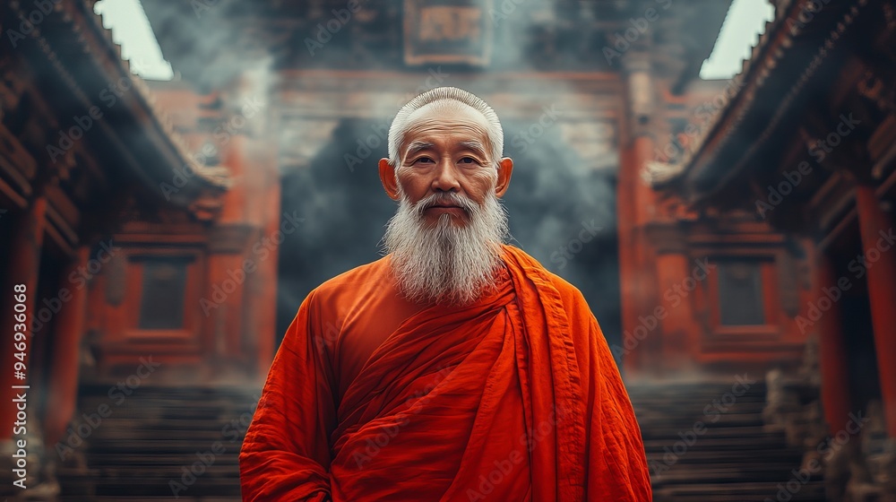 Fototapeta premium Elderly man in a bright orange robe stands in a traditional temple setting with smoke in the background