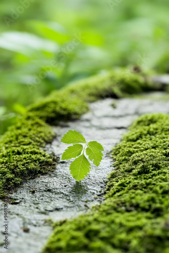 A vibrant green leaf emerging from moss-covered wood, representing new growth in a serene forest environment. photo