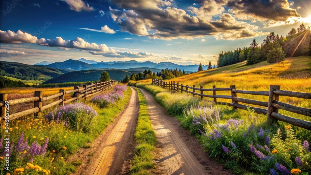 Rugged, sun-drenched dirt track stretches into the distance, flanked by rustic wooden fences and tall, swaying wildflowers on a warm summer day. Rugged, sun-drenched dirt track stretches into the distance, flanked by rustic wooden fences and tall, swaying wildflowers on a warm summer day.