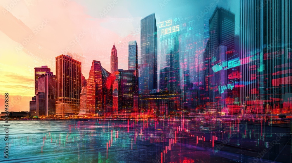 Cityscape with a Digital Overlay of Financial Data and Charts Cityscape with a Digital Overlay of Financial Data and Charts