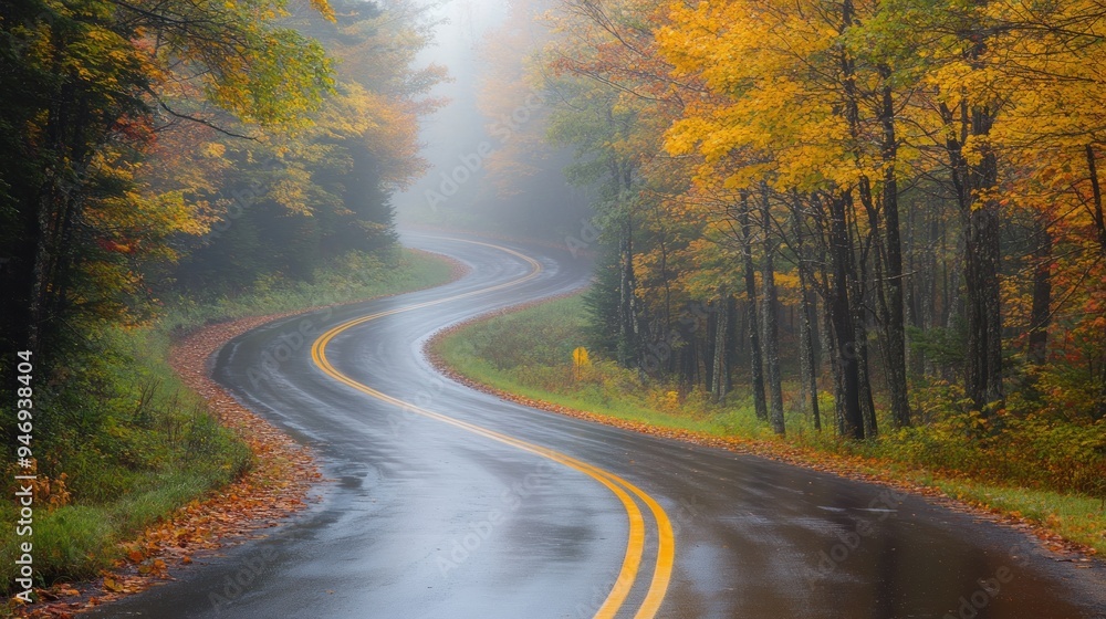 Naklejka premium Winding Road Through Misty Autumn Forest with Yellow Leaves