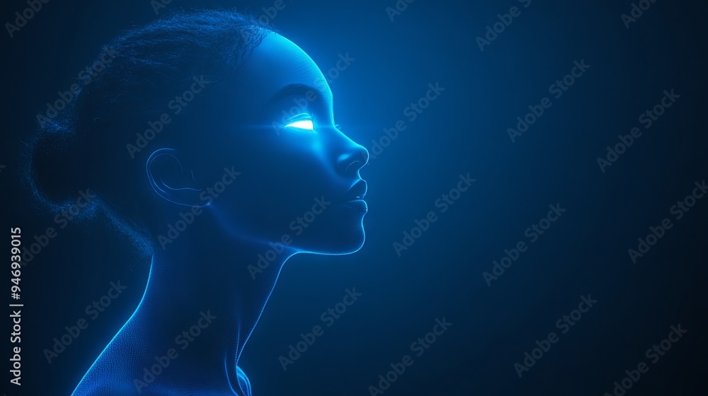 Obraz premium Side profile of a woman with glowing eyes, portrayed in a blue, futuristic digital style