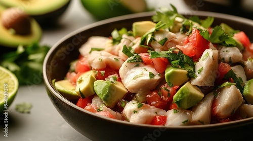 A close-up of a bowl of fresh ceviche made with diced fish, lime juice, tomatoes, and cilantro, garnished with avocado slices