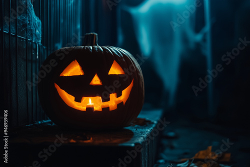 Wallpaper Mural A lit jack-o'-lantern with a carved face glows in the dark, creating a spooky atmosphere for Halloween night. Torontodigital.ca