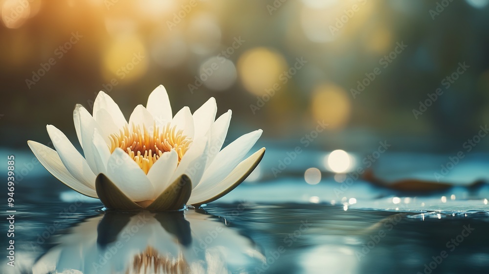 A close-up of a blooming lotus flower floating on still water, with soft, diffused light highlighting its delicate petals, symbolizing tranquility and serenity