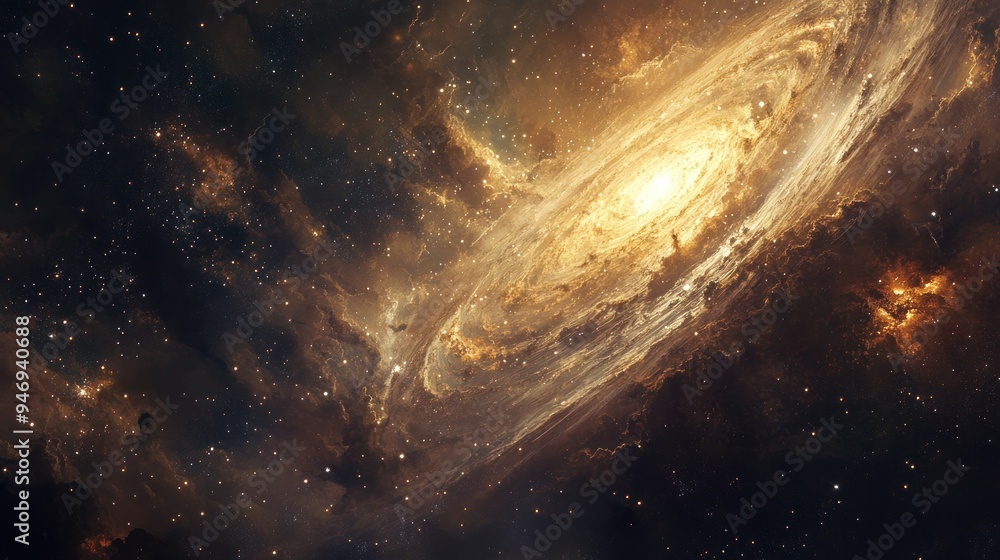 Fototapeta premium A Golden Spiral Galaxy in a Starry Night Sky